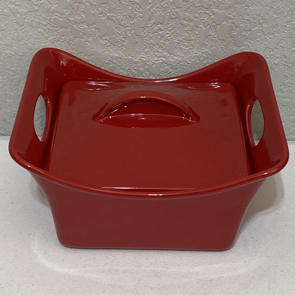 Rachel Ray 2.5 Quart Square Red Stoneware Casserole Dish with Lid and Handles